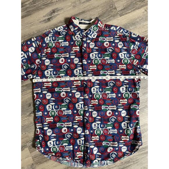 Vtg Tommy Hilfiger Shirt Navy Short Sleeve Button Mens Medium Baseball Themed - Picture 3 of 7